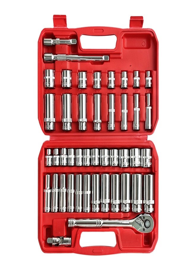 EACELIY 44pcs 3/8" Drive Impact Socket Set,Drive Master Socket Set,SAE/Metric, Deep & Shallow with 3/8" Drive Head Ratchet,Universal Joint,Extension bar (3” & 6”),6 Point,CR-V Steel，Mirror Chrome - Image 1